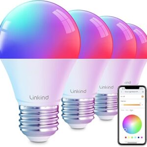 Linkind Smart Light Bulbs, Smart Bulb That Work with Alexa & Google Home, LED Light Bulbs Color Changing, 64 Preset Scenes, Music Sync, A19 E26 2.4GHz RGBTW WiFi Bluetooth Light Bulb 60W, 800LM, 4Pack