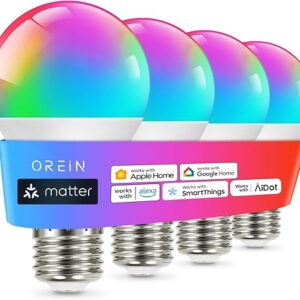 OREiN Matter Smart Light Bulb, Smart Light Bulbs Work with Apple Home, Alexa, Google Home, SmartThings, A19 Color Changing Light Bulbs 2.4Ghz WiFi, 800 Lumens Equivalent 60W 4Pack