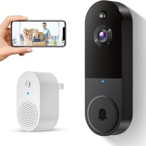 Wireless 1080p Video Doorbell Camera, AI Human Detection, Live View, 2-Way Audio Included Chime, Night Vision, 2.4G Wi-Fi, Cloud Storage, Indoor/Outdoor Surveillance Cam (Black)